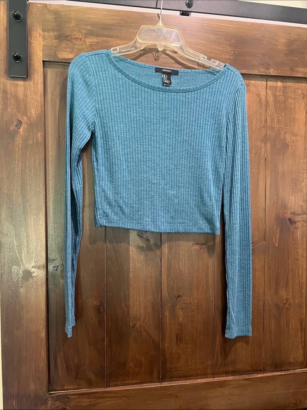 E115 Forever 21 Teal Ribbed Long-Sleeve Crop Top Size Small